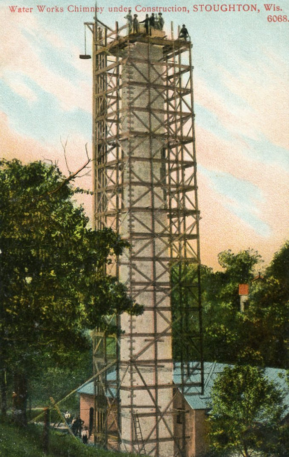 Water Works Chimney under Construction, Stoughton, WI - Carey's Emporium
