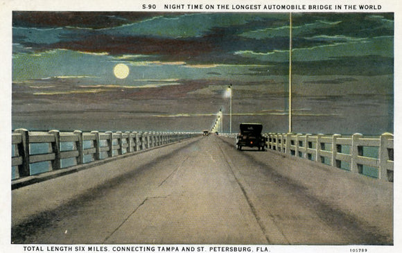 Night Time on the Longest Automobile Bridge in the World, total Length Six Miles, Connecting Tampa and St. Petersburg, FL - Carey's Emporium