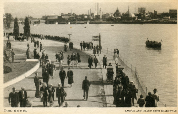 Lagoon and Island from Boardwalk, Chicago Worlds Fair 1933 - Carey's Emporium