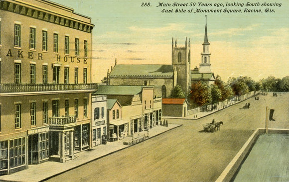 Main Street 50 Years ago, looking South showing East Side of Monument Square, Racine, WI - Carey's Emporium
