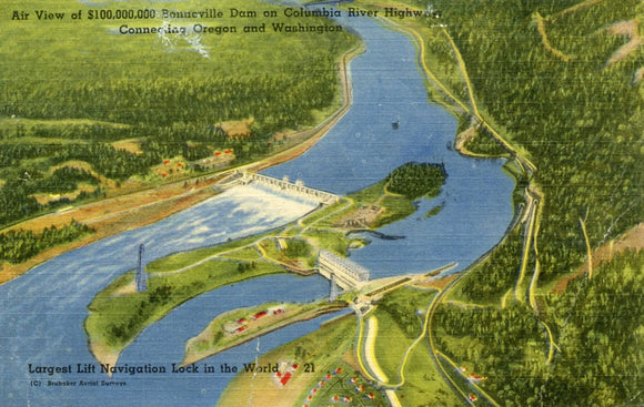 Air View of $100,000,000 Bonneville Dam on Columbia River Highway, Connecting Oregon and WashingtonOK - Carey's Emporium