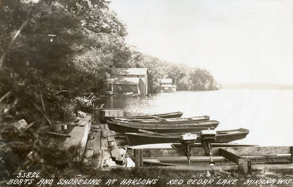 Boats and Shoreline at Harlows, Red Cedar Lake, Mikana, WI - Carey's Emporium