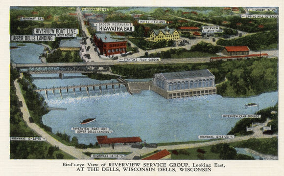 Bird's-eye View of Riverview Service Group, Looking East, at the Dells, Wisconsin Dells, WI - Carey's Emporium