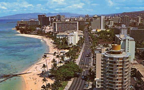 Aerial Vew Looking Down on Kalakaua Avenue, Waikiki Beach, and the Center of Waikiki, HI - Carey's Emporium