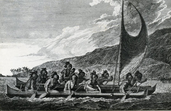 Double Canoe of the Sandwich Islands carrying a feather god, manned by gourd-helmeted rowers - Carey's Emporium