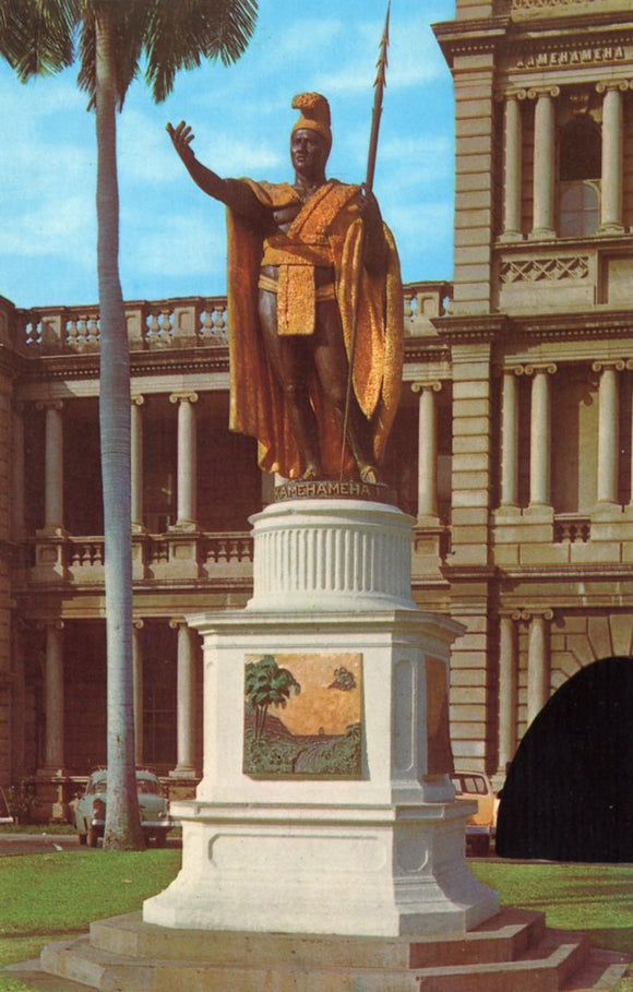 Statue of King Kamehameha, conqueror of all the islands, located in front of the Federal Building in Honolulu, HI - Carey's Emporium