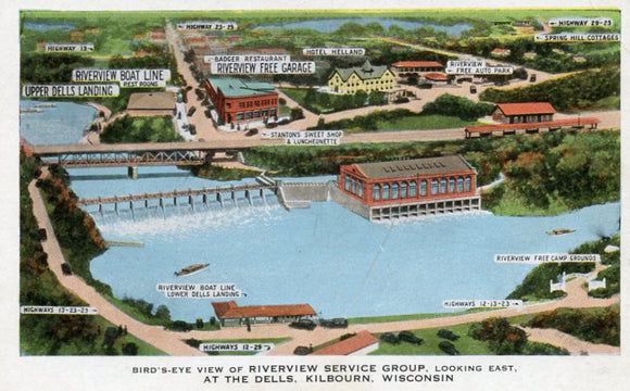 Bird's-Eye View of Riverdale Service Group, Looking East, at the Dells, Kilbourn, WI - Carey's Emporium
