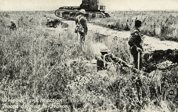 Whippet Tank in Action, Troops Digging In, France - Carey's Emporium