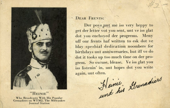 Heinie Who Broadcasts With His Popular Grenadiers on WTMJ, The Milwaukee Journal Station - Carey's Emporium