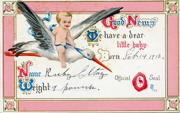 Good News We have a dear little baby born Feb 14, 1912 - Carey's Emporium