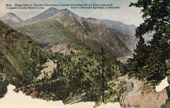 High Drive, North Cheyenne Canon showing Silver Cascades and Cripple Creek Short Line, near Colorado Springs, CO - Carey's Emporium