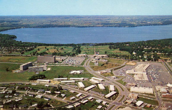 An Aerial View of the New Hilldale Shopping Center, with Wisconsin State Office Building, Shorewood Hills and Lake Mendota, Madison, WI - Carey's Emporium