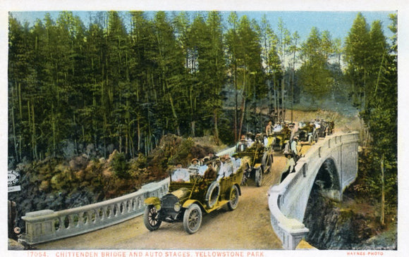 Chittenden Bridge and Auto Stages, Yellowstone Park - Carey's Emporium