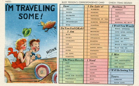 Busy Person's Correspondence Card, Check Items Desired, I'm Traveling Some! - Carey's Emporium
