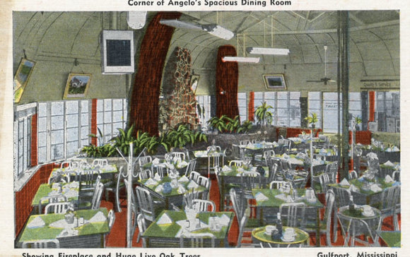 Corner of Angelo's Spacious Dining Room, Showing Fireplace and Huge Live Oak Tree, Gulfport, MS - Carey's Emporium