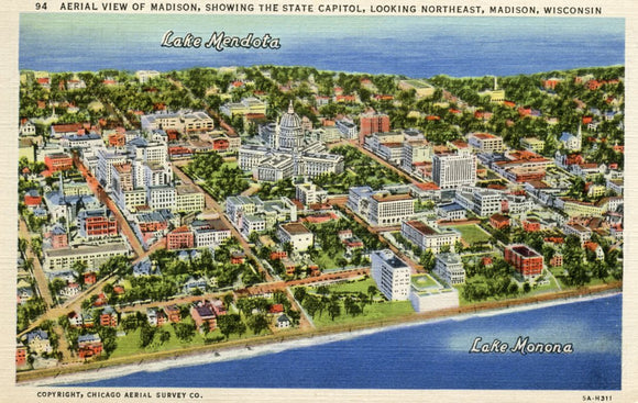 Aerial View of Madison, Showing the State Capitol, Looking Northwest, Madison, WI-Careys Emporium
