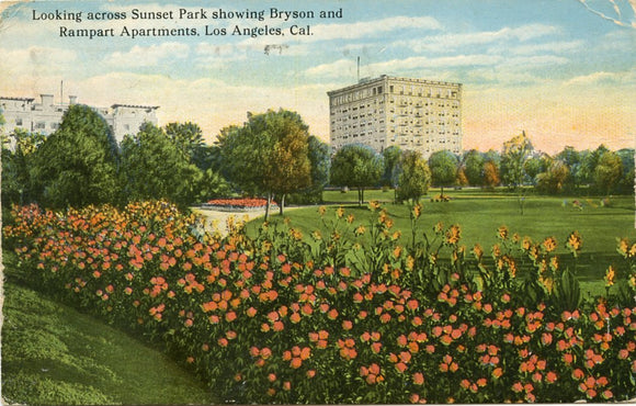Looking Across Sunset Park Showing Bryson and Rampart Apartments, Los Angeles, CA-[Carey's Emporium