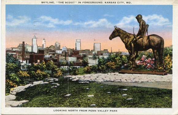 Skyline, The Scout in Foreground, Kansas City, MO-[Carey's Emporium