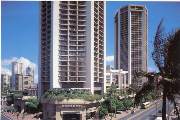Looking Down on Waikiki, the famed Waikiki Hyatt Regency Hotel-Carey's Emporium