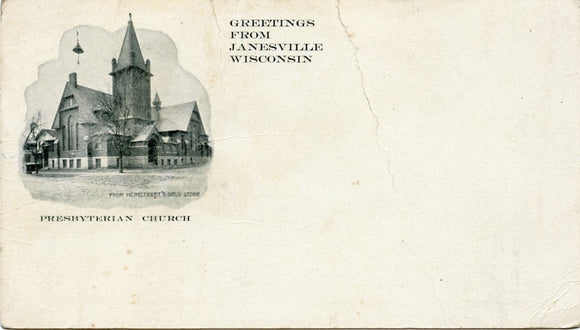 Presbyterian Church, from Heimstreet's Drug Store, Greetings from Janesville, WI-Carey's Emporium