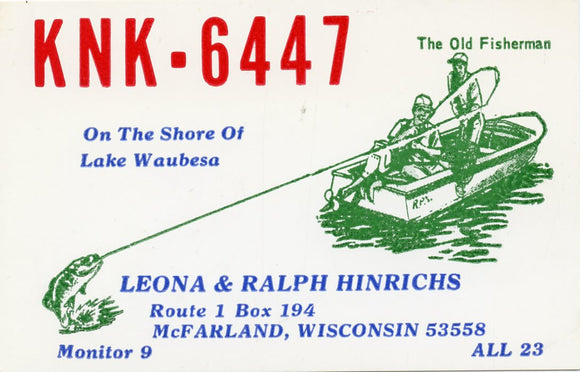 QSL Card, Leona and Ralph Hinrichs, KNK-6447, McFarland, WI-Carey's Emporium