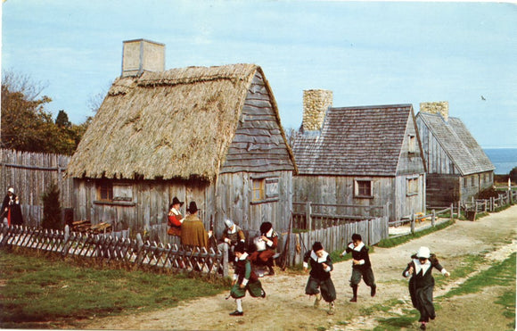 Children in Pilgrim costume Romp in the Street of the replica Pilgrim Village, at Pilgrim Plantation, Plymouth, MA-Carey's Emporium