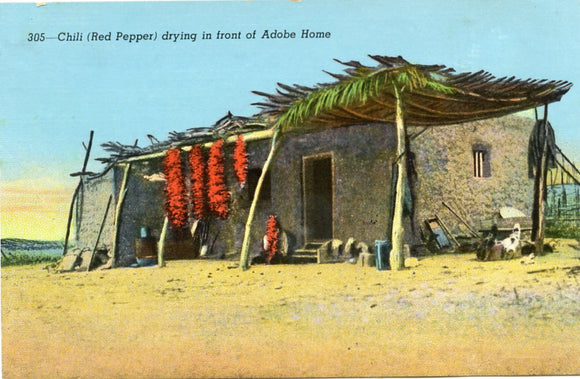 Chili (Red Pepper) Drying in Front of Adobe Home, TX-Carey's Emporium