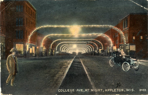 College Ave., at Night, Appleton, WI-Carey's Emporium
