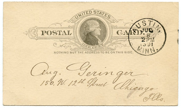 U. S. Postal Card, One Cent, 1891, Austin, MN-Carey's Emporium