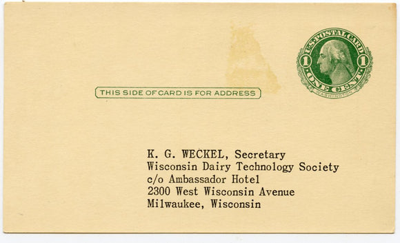 U. S. Postal Card, One Cent, Ambassador Hotel, Milwaukee, WI-Carey's Emporium