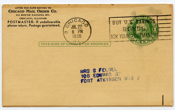 U. S. Postal Card, One Cent, 1936, Chicago Mail Order Co., Chicago, IL-Carey's Emporium