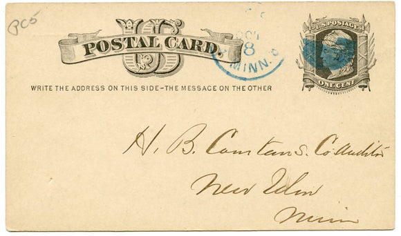 U. S. Postal Card, One Cent, 1878, Walter S. Booth, Rochester, MN-Carey's Emporium