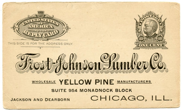 U. S. Postal Reply Card, One Cent, Frost-Johnson Lumber Co., Chicago, IL-Carey's Emporium