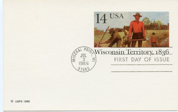 U. S. Postal Card, Fourteen Cents, 1986, Wisconsin Territory, 1836, First Day of Issue-Carey's Emporium