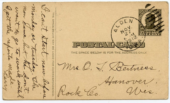 U. S. Postal Card, One Cent, 1912, Methodist Church, Alden, IA-Carey's Emporium