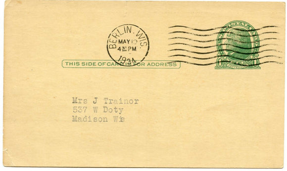 U. S. Postal Card, One Cent, 1934, Truesdell Fur Coat Co., Berlin, WI-Carey's Emporium