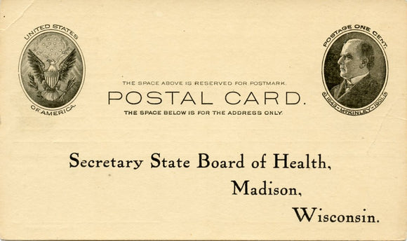 U. S. Postal Card, One Cent, Secretary State Board of Health, Madison, WI-Carey's Emporium