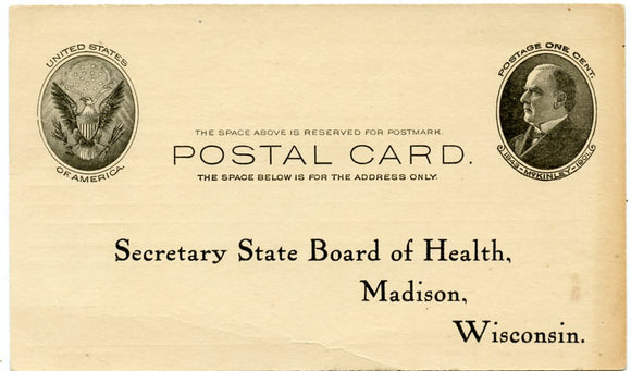 U. S. Postal Card, One Cent, Secretary State Board of Health, Madison, WI-Carey's Emporium