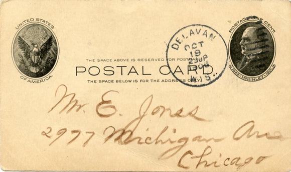 U. S. Postal Card, One Cent, 1906, Hand painted on the back-Carey's Emporium