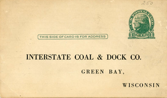 U. S. Postal Card, One Cent, Interstate Coal and Dock Co., Green Bay, WI-Carey's Emporium