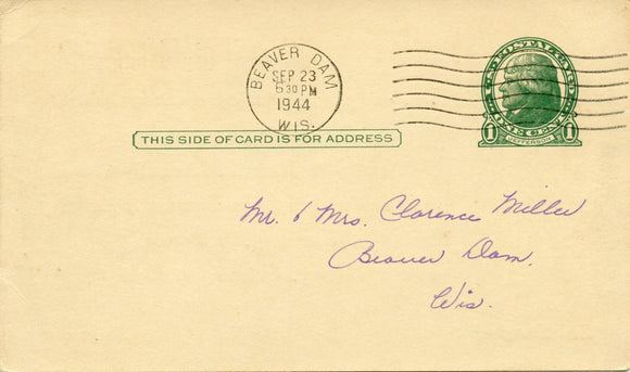 U. S. Postal Card, One Cent, 1944, Fox Lake Community Building, Fox Lake, WI-Carey's Emporium