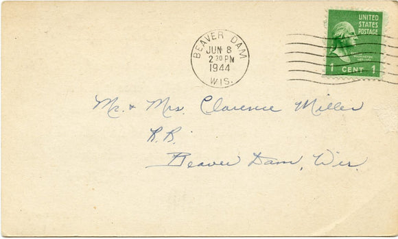 U. S. Postal Card, One Cent, 1944, Crystal Lake Beach, Beaver Dam, WI-Carey's Emporium