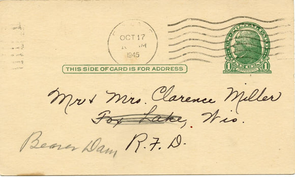 U. S. Postal Card, One Cent, 1945-Carey's Emporium
