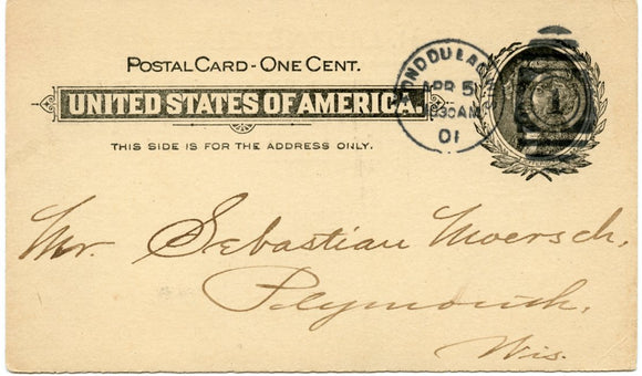 U. S. Postal Card, One Cent, 1901, F. H. Lauenstein, Foreign and Domestic Wines and Liquors, Fond du Lac, WI-Carey's Emporium