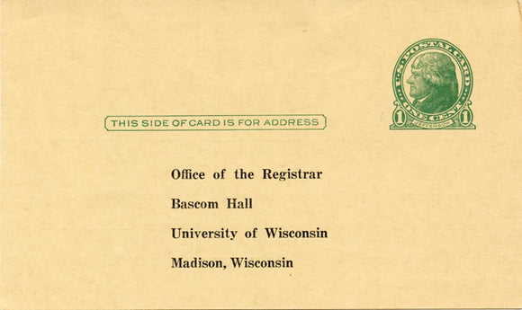U. S. Postal Card, One Cent, 934, University of Wisconsin, Office of the Registrar. Madison, WI-Carey's Emporium