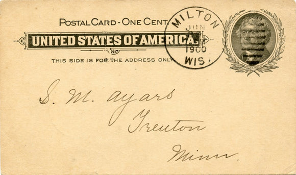 U. S. Postal Card, One Cent, 1900, Women's Board, Milton, WI-Carey's Emporium