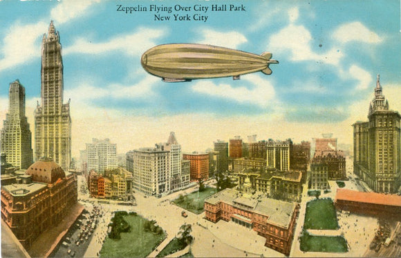 Zeppelin Flying Over City Hall Park, New York City, NY-Carey's Emporium