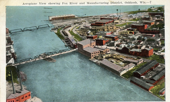 Aeroplane View, Showing Fox River and Manufacturing District, Oshkosh, WI-Carey's Emporium