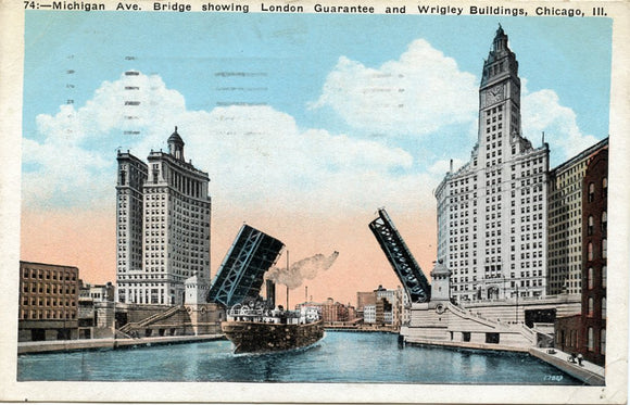 Michigan Ave. Bridge Showing London Guarantee and Wrigley Buildings, Chicago, IL-Carey's Emporium