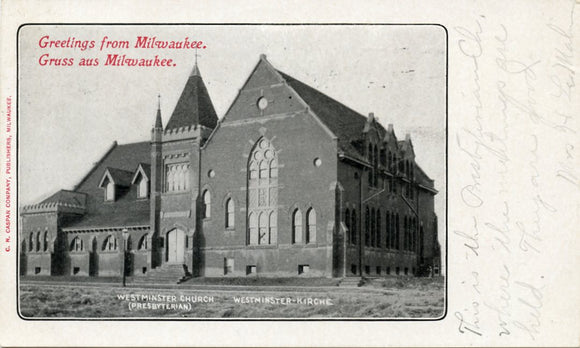 Westminster Church (Presbyterian), Greetings from Milwaukee, Gruss aus Milwaukee, WI-Carey's Emporium